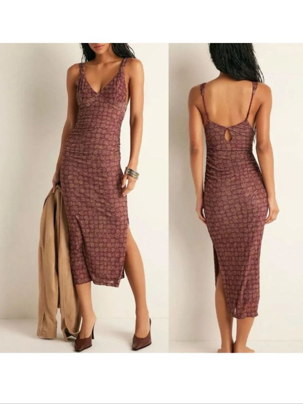 Free People Intimately Long Live Mesh Midi Slip Dress Size M Body-Con Brown NEW
